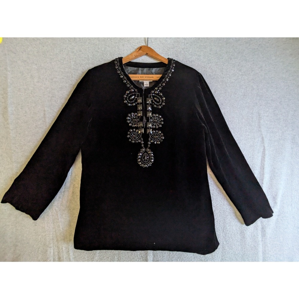 Talbots Blouse Womens 12 Side Zip Velvet Beaded Embellished Long Sleeve Black
